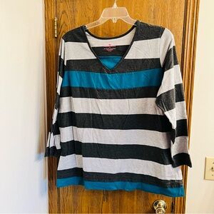 Woman Within Striped Top - Grey & Turquoise - 1X